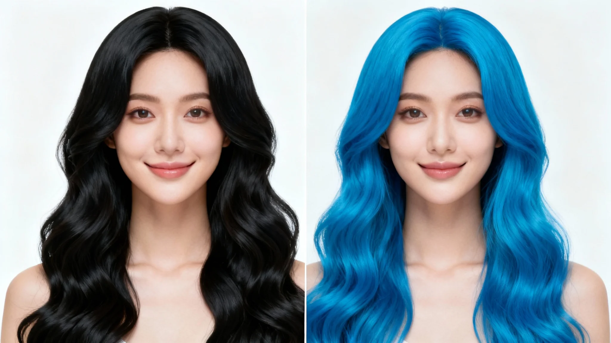 A split-screen comparison image of a woman wearing a wig. On the left, the wig is natural black; on the right, the same wig is a vibrant electric blue, showcasing a color change feature.