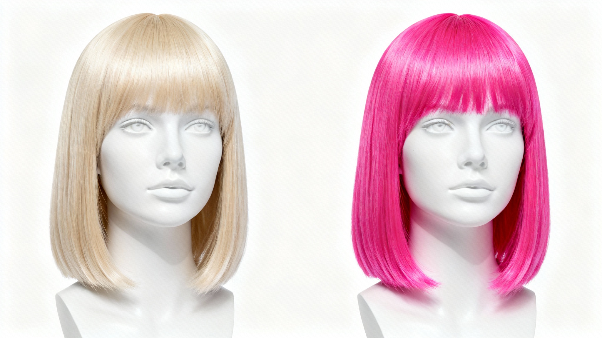 A before-and-after image of a mannequin head wearing a wig. On the left, the wig is blonde, and on the right, the same wig is shown in a vibrant pink color, demonstrating a color change.