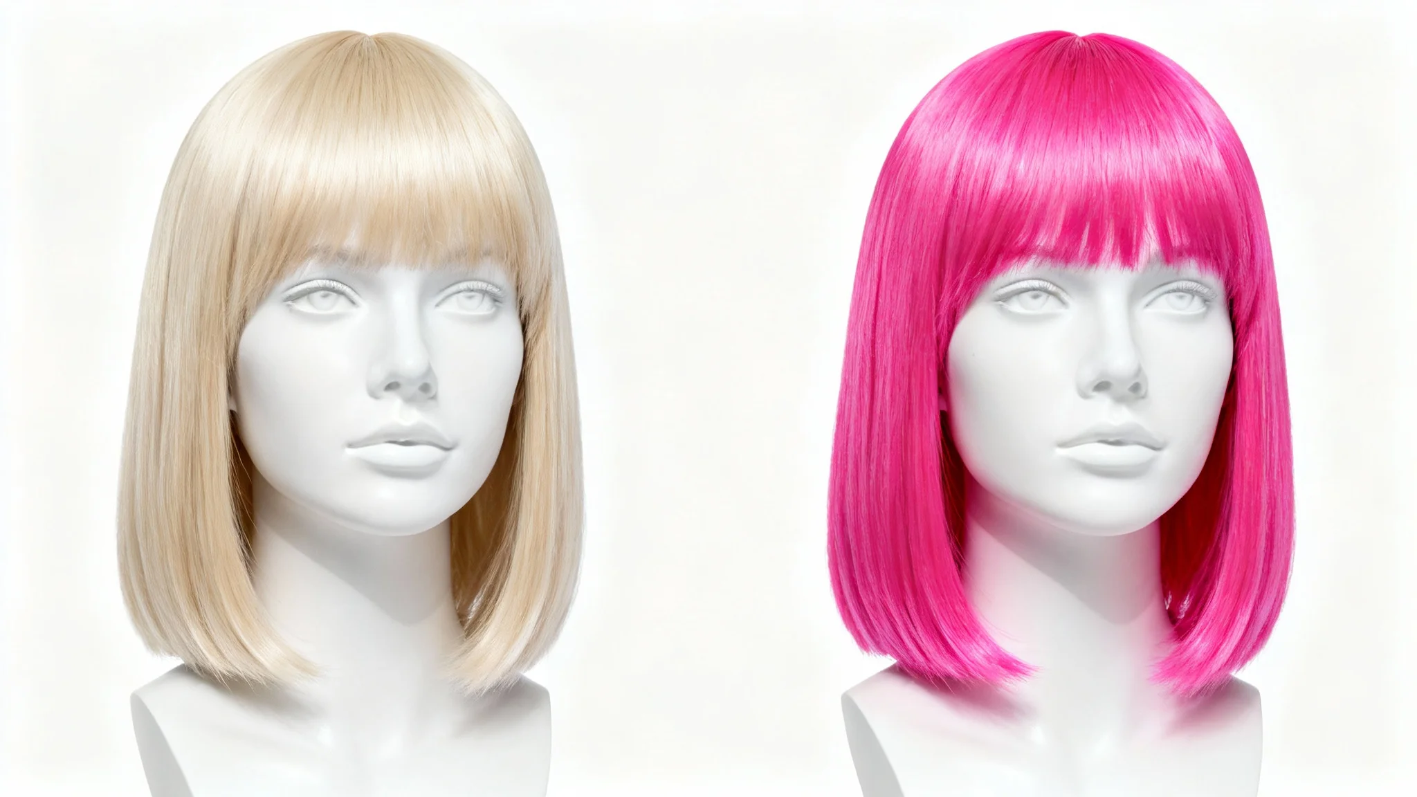 A before-and-after image of a mannequin head wearing a wig. On the left, the wig is blonde, and on the right, the same wig is shown in a vibrant pink color, demonstrating a color change.