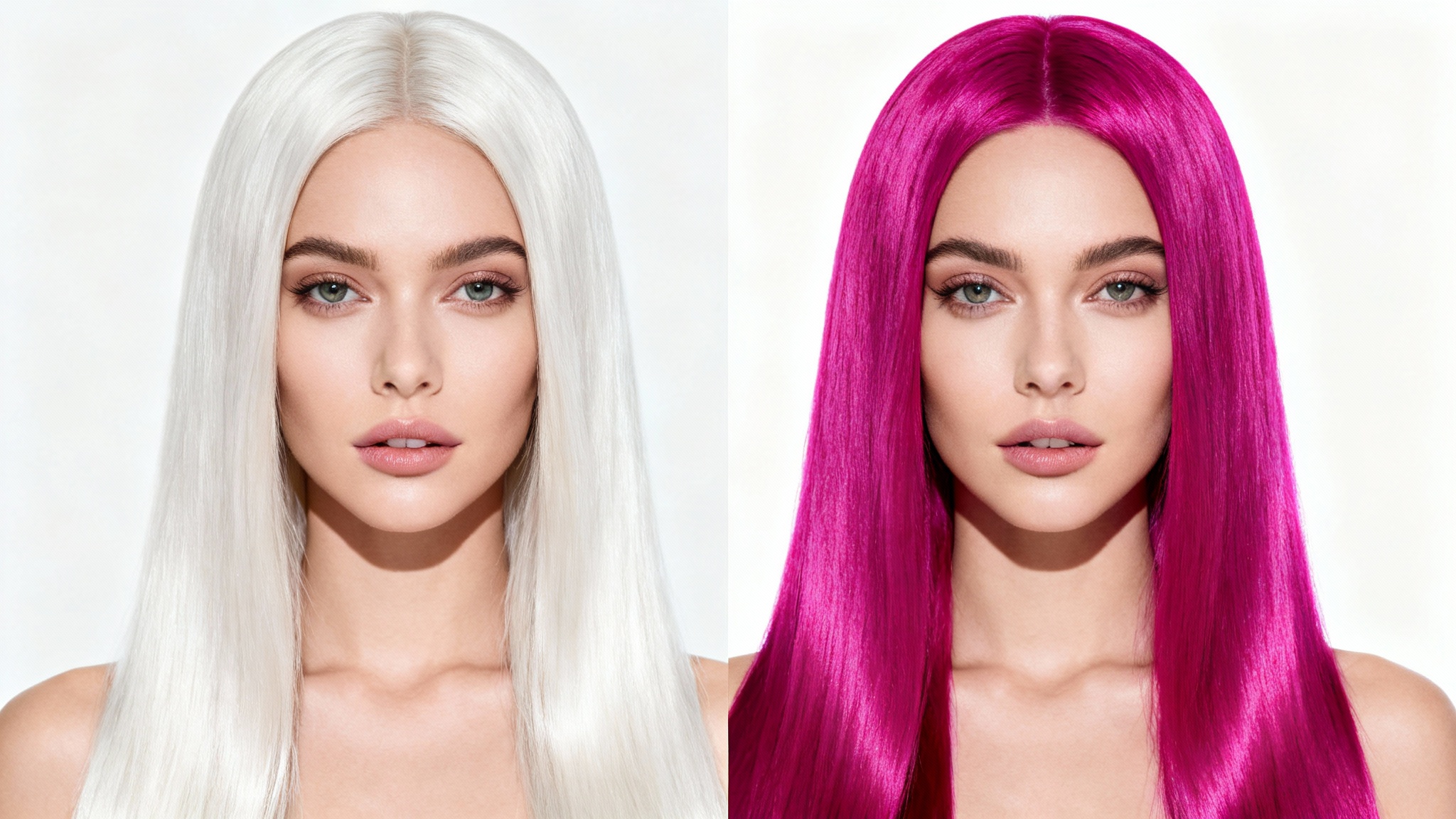 A split-screen image demonstrating a wig color change. On the left, a woman wears a platinum blonde wig, and on the right, the same wig is shown in a vibrant magenta color.