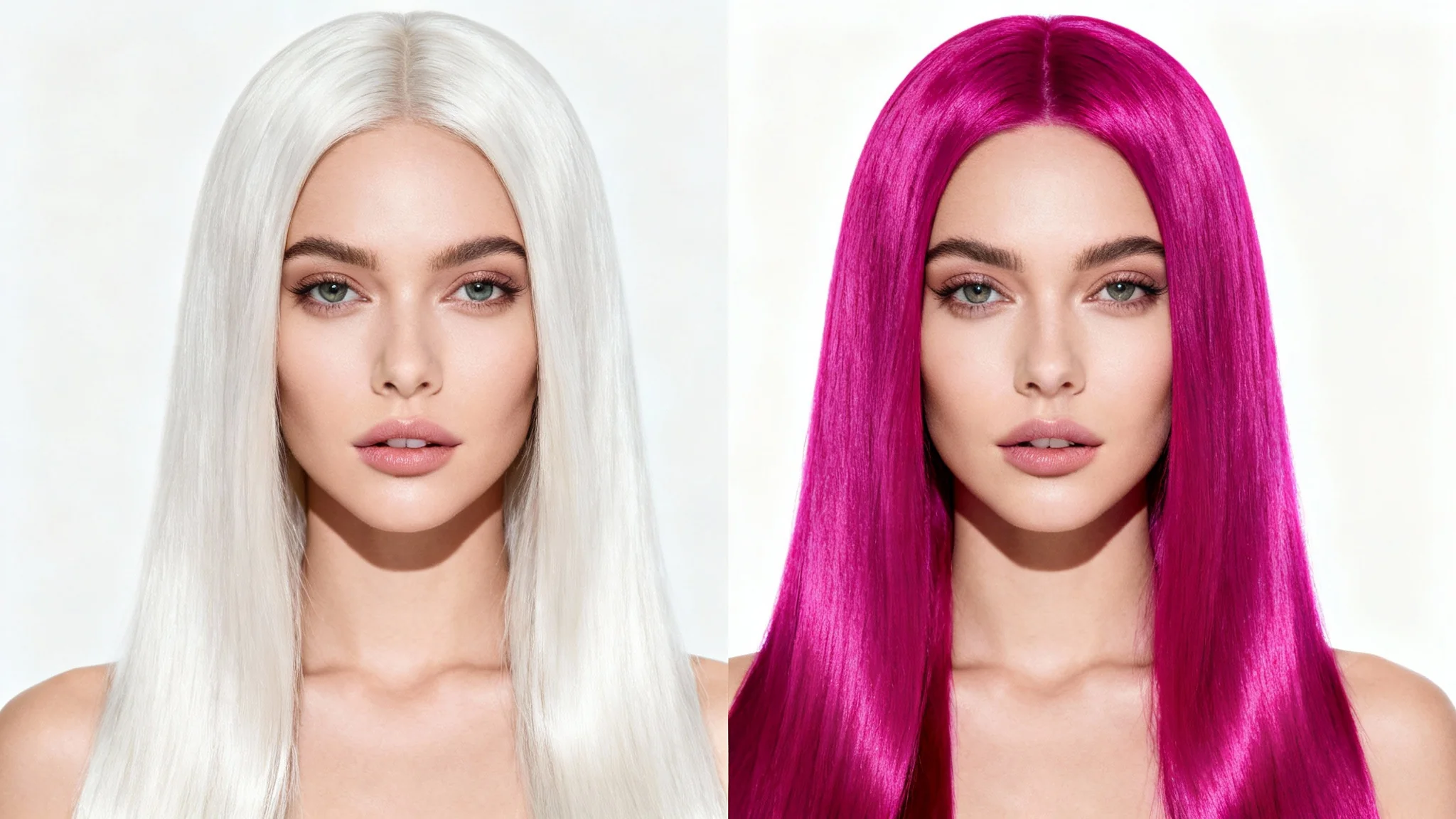 A split-screen image demonstrating a wig color change. On the left, a woman wears a platinum blonde wig, and on the right, the same wig is shown in a vibrant magenta color.