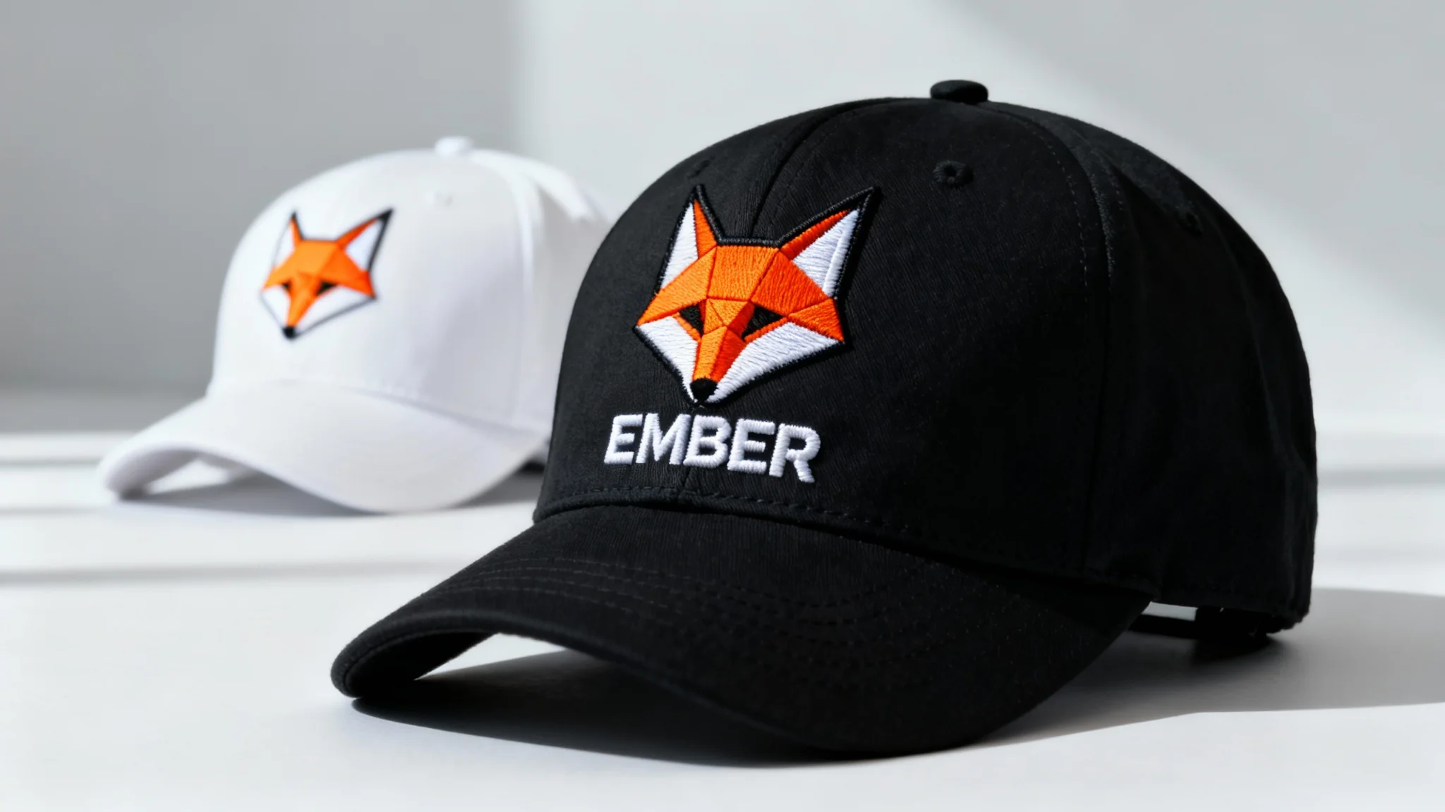 A professional product photo of a custom-designed black baseball cap with an embroidered geometric fox logo and the word 'EMBER' in orange and white, with a white version of the hat in the background.