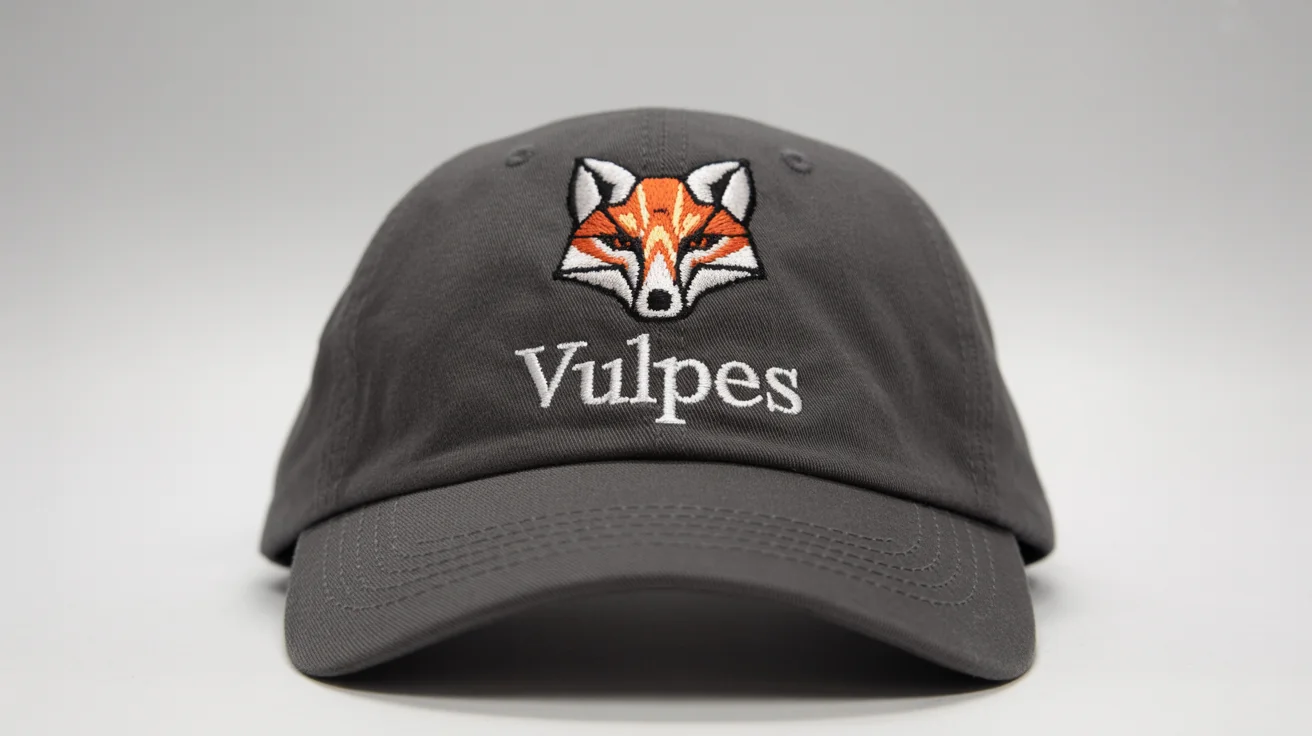 A product mockup of a charcoal gray baseball cap with a stylized geometric fox embroidered on the front, with the word 'VULPES' underneath, set against a plain white background.
