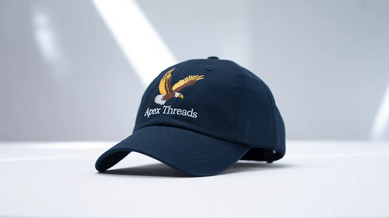 A professional mockup of a navy blue baseball cap with a golden eagle embroidered on the front, along with the text 'APEX THREADS'.