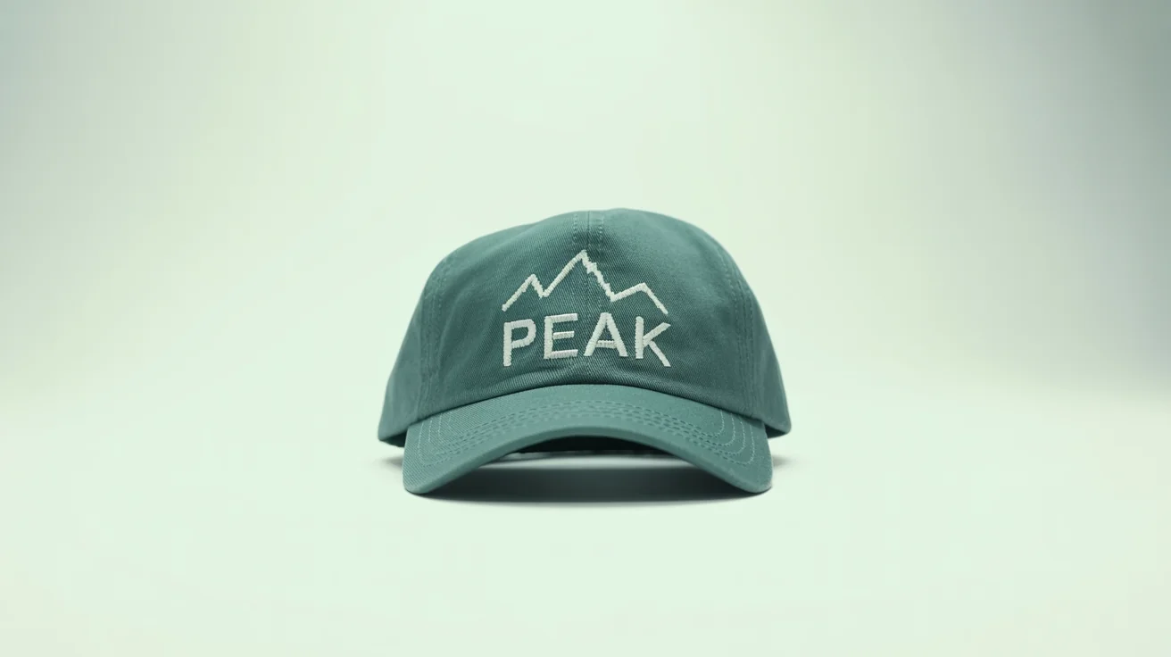 A product mockup of a sage green baseball cap with a white embroidered mountain logo and the word 'PEAK' on a clean white background.