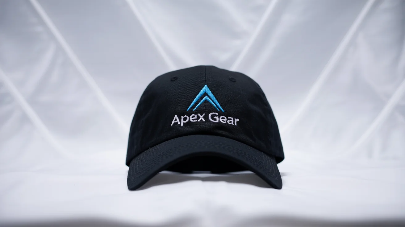 A modern black baseball cap mockup on a white background, featuring a professionally embroidered logo of a blue mountain peak and the text 'Apex Gear'.