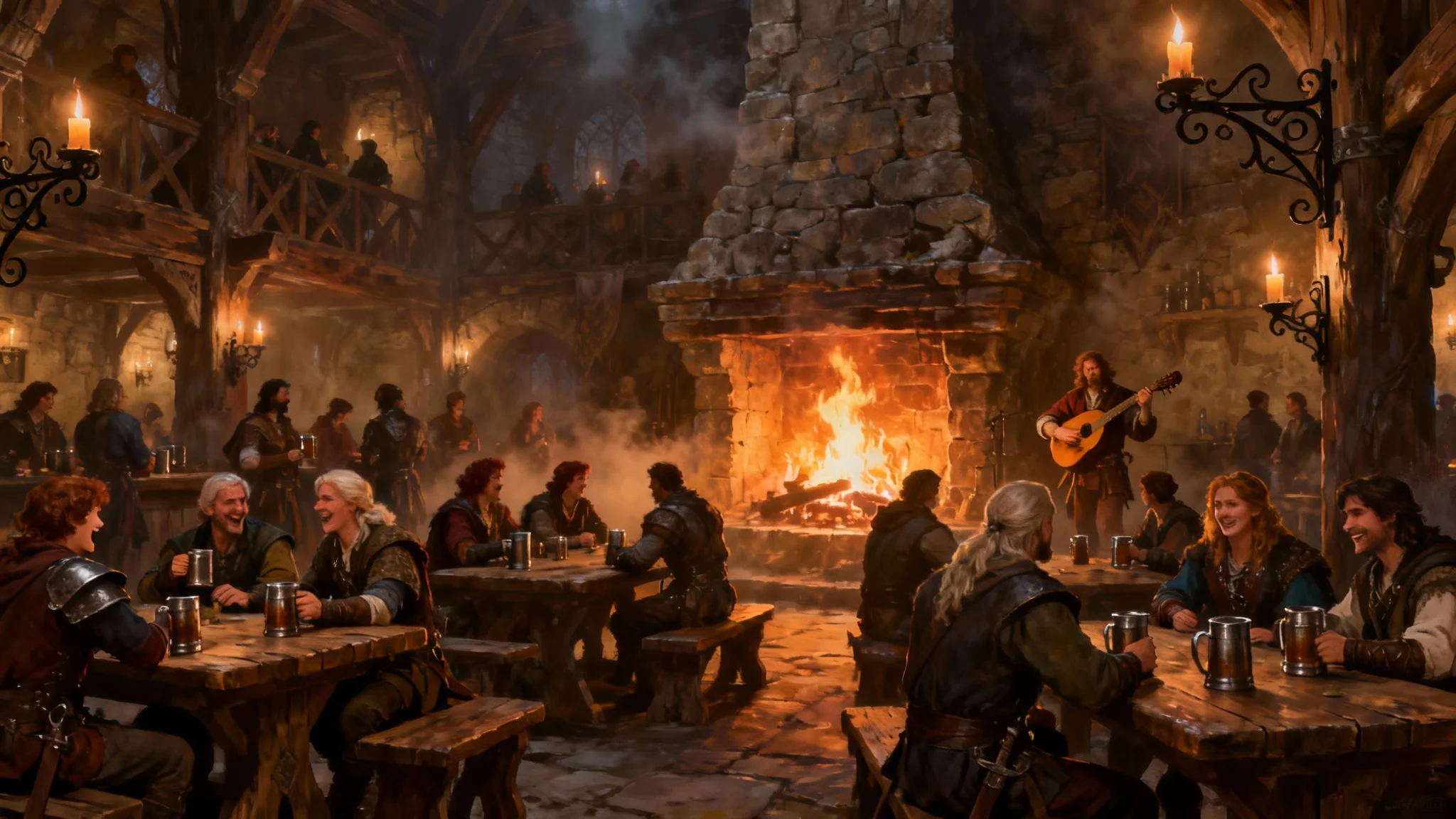 A high-quality digital painting of a lively medieval tavern scene, featuring a crackling fireplace, patrons drinking and socializing, and warm candlelight, serving as a fantasy background.