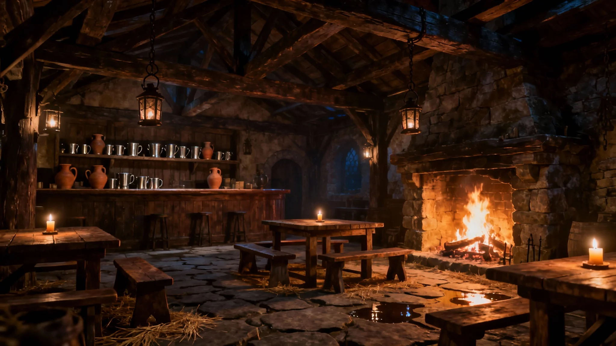 A photorealistic image of the inside of a quiet medieval tavern, with a large fireplace providing warm light on the wooden tables and stone floor.