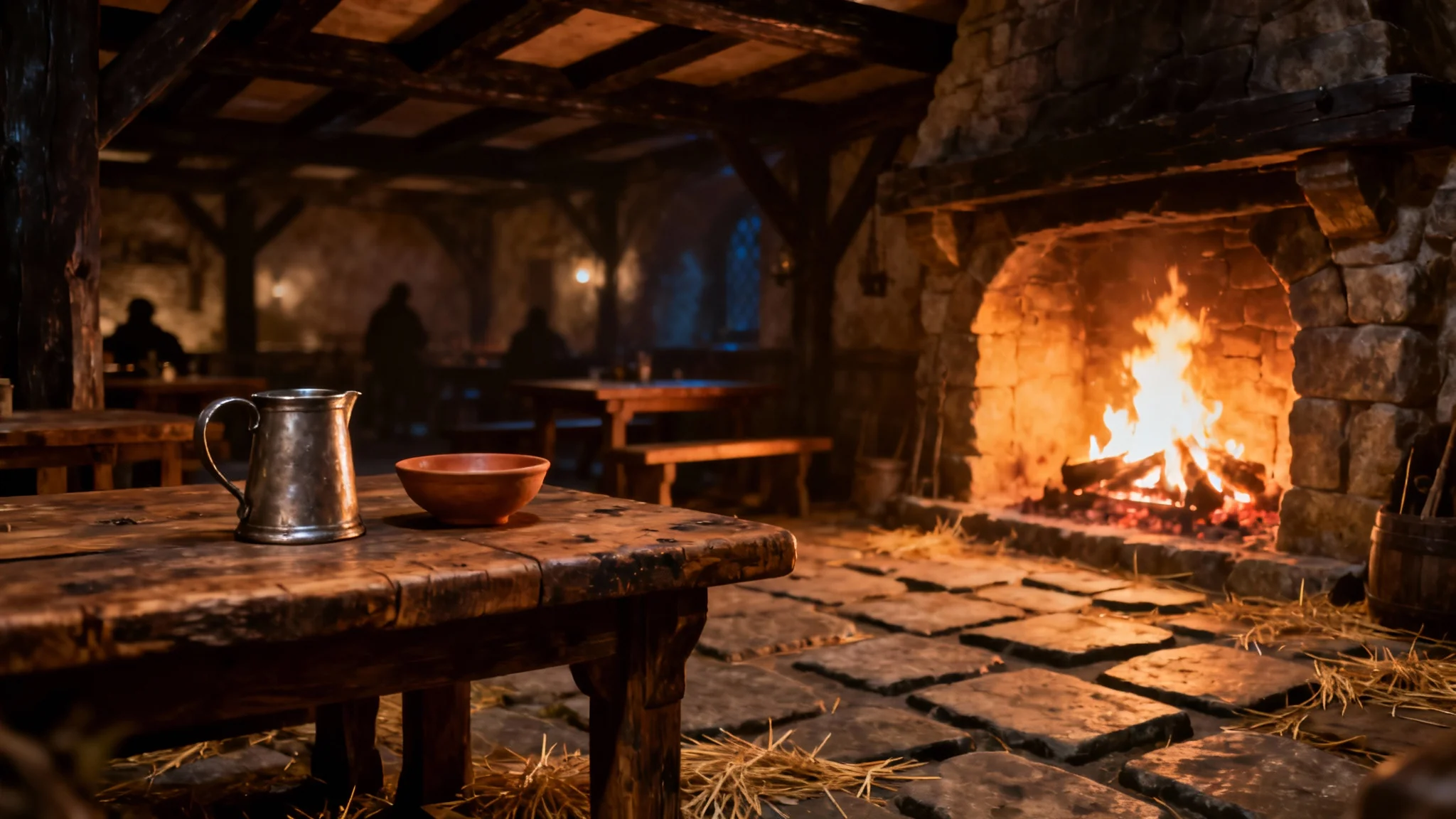 A warm and inviting interior of a medieval tavern, featuring a large crackling fireplace, rustic wooden tables, and pewter tankards.