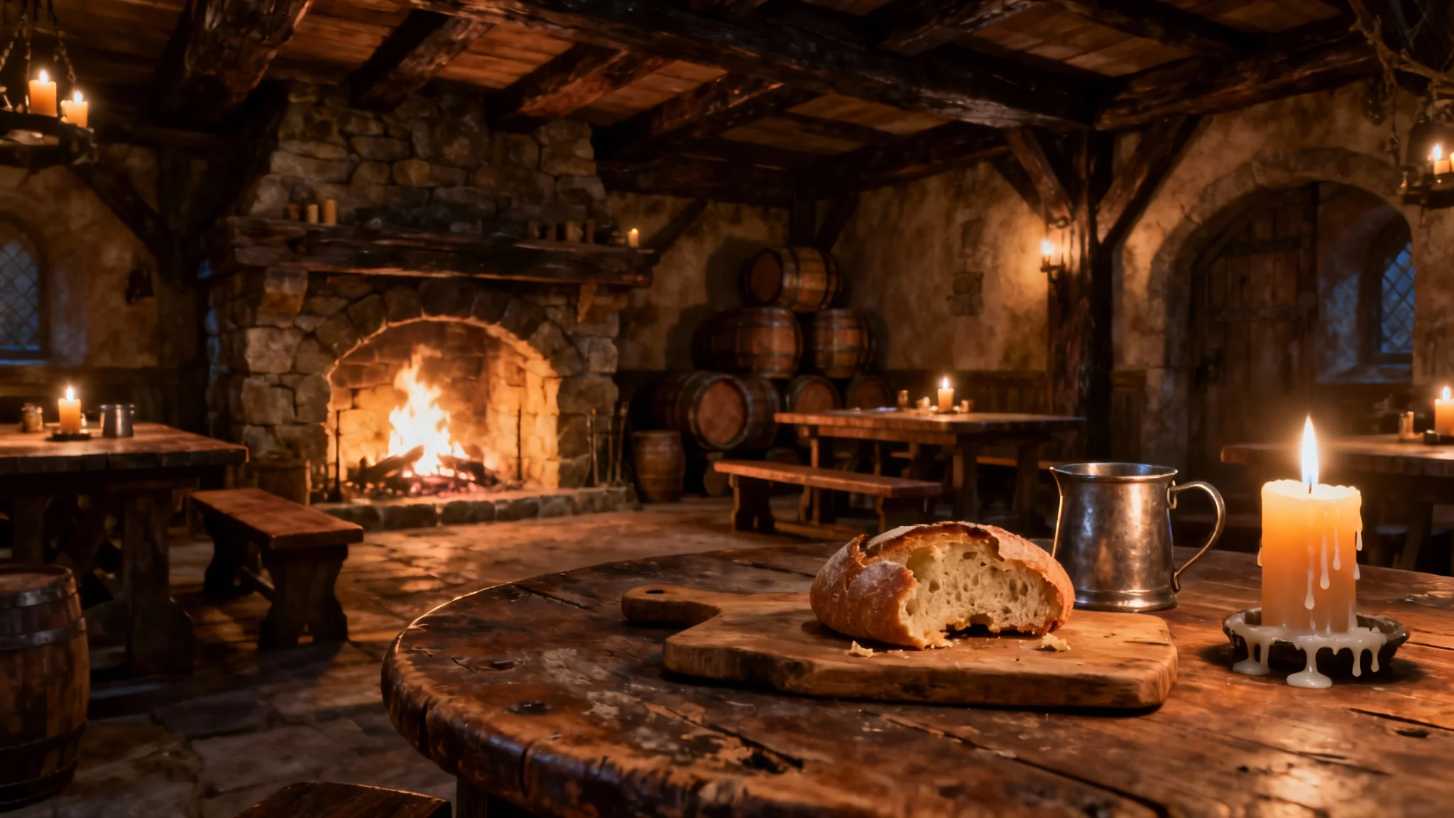 A warm and inviting interior of a medieval tavern, with a crackling fireplace, wooden tables set with tankards, and candlelight creating a cozy, historical ambiance, suitable as a background.
