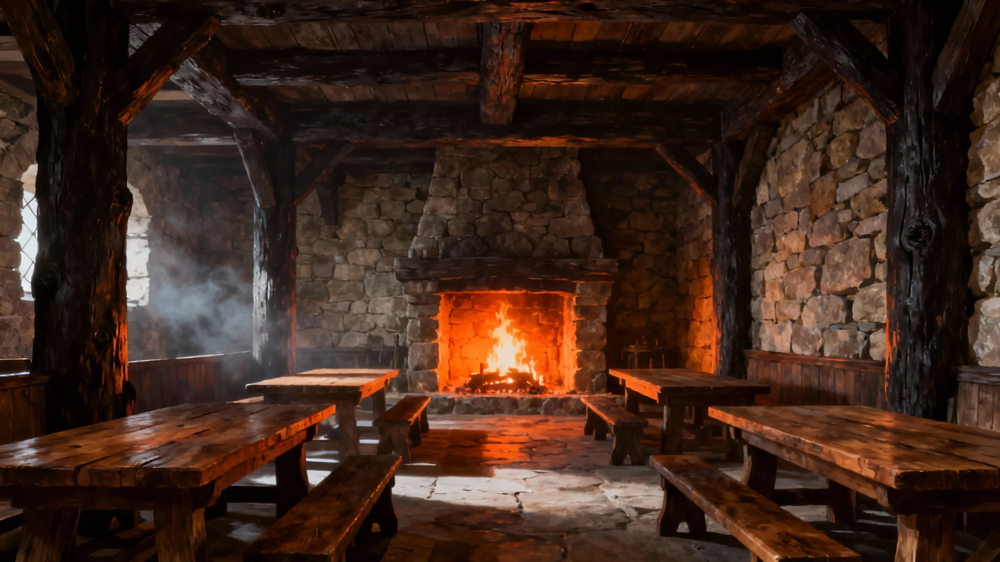 A photorealistic depiction of the inside of an empty medieval tavern, dimly lit by a large, crackling fireplace. The room features rustic wooden tables, benches, and a large stone hearth, creating a warm and cozy atmosphere.