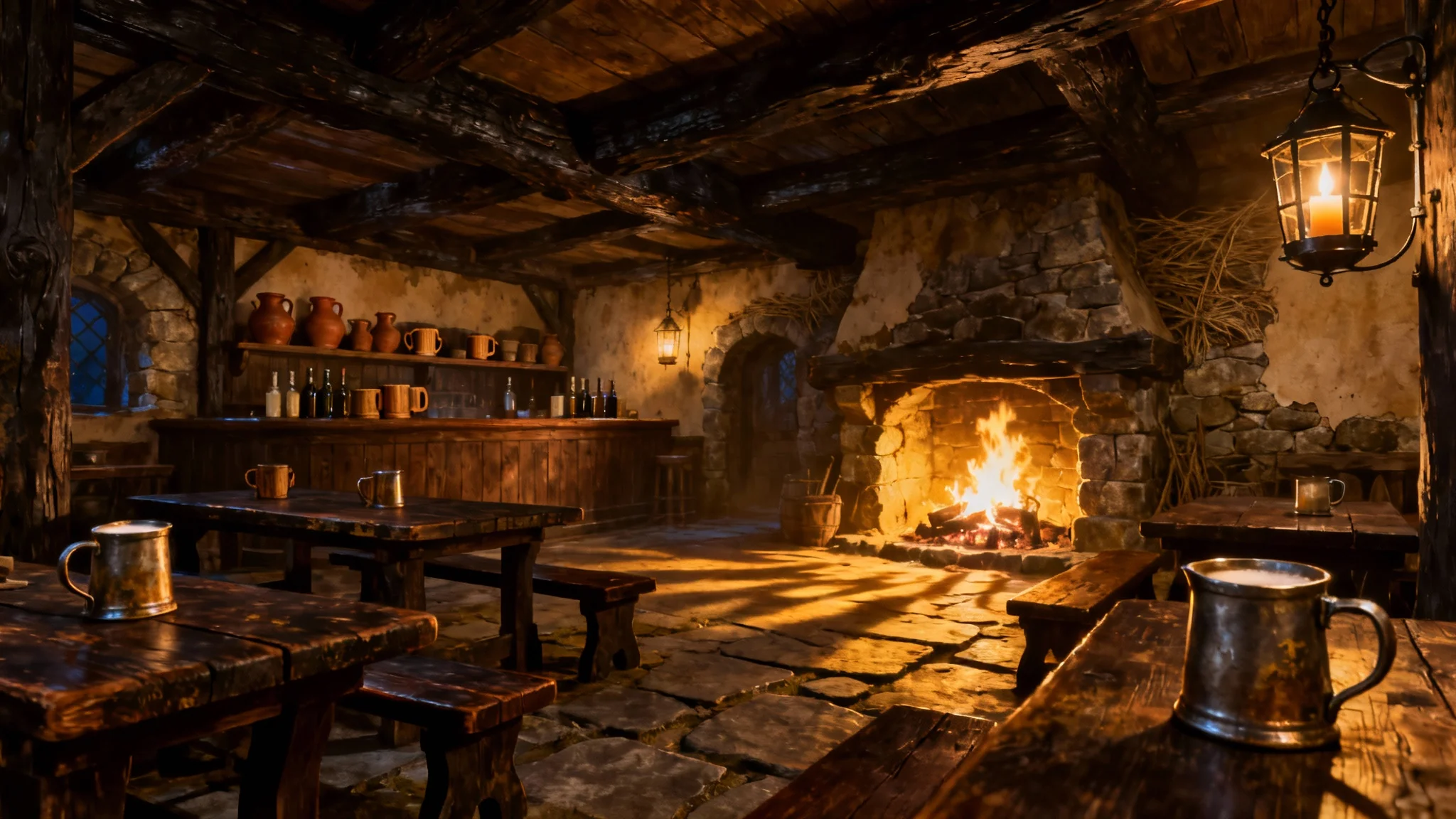 Cozy and dimly lit interior of a medieval tavern, featuring a large stone fireplace, heavy wooden furniture, and warm lighting from lanterns.