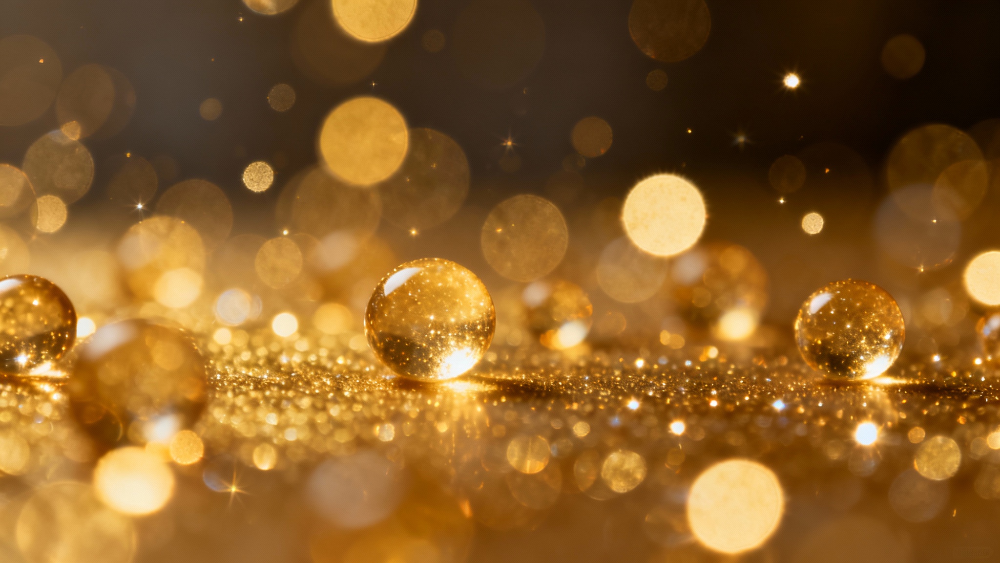 An abstract background featuring soft, out-of-focus orbs of glowing gold light, creating a luxurious and festive bokeh effect.