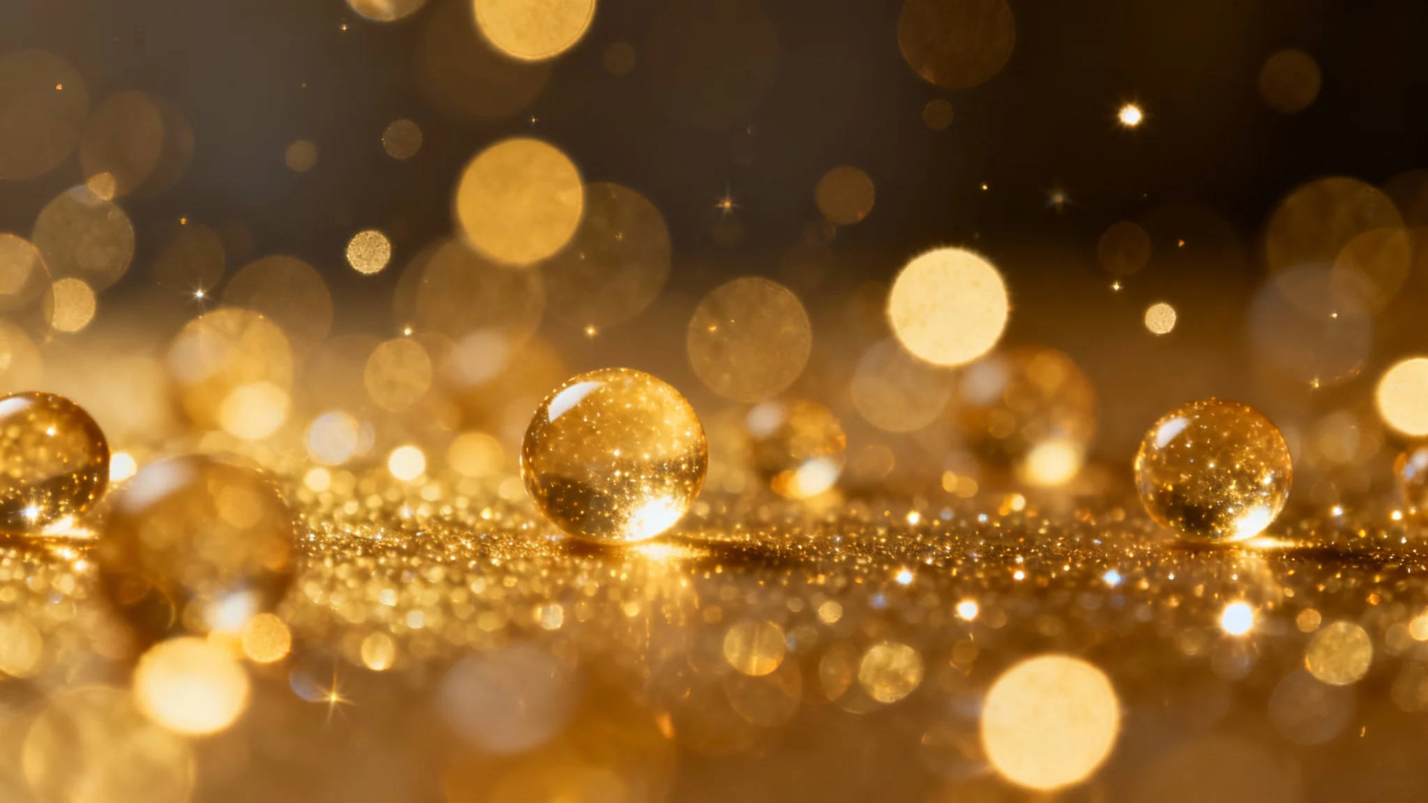 An abstract background featuring soft, out-of-focus orbs of glowing gold light, creating a luxurious and festive bokeh effect.