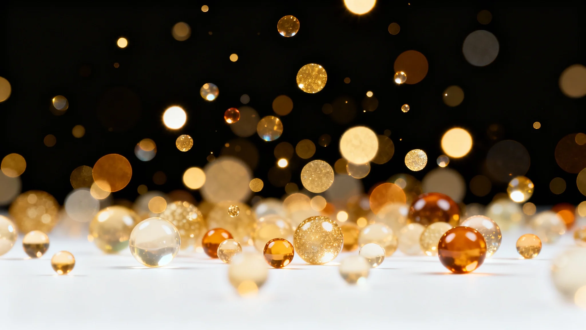 A beautiful, abstract background of shimmering gold and amber bokeh lights of various sizes floating against a dark backdrop, creating an elegant and festive mood.