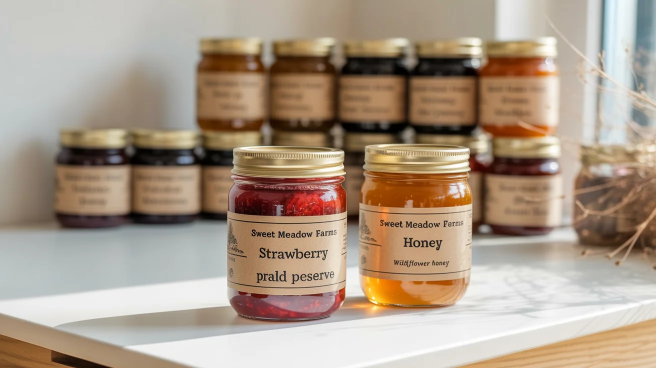 A photorealistic mockup of several glass jars with custom labels applied. A jam jar in the front has a 'Sweet Meadow Farms' label, showcasing the final result of a design mockup tool.
