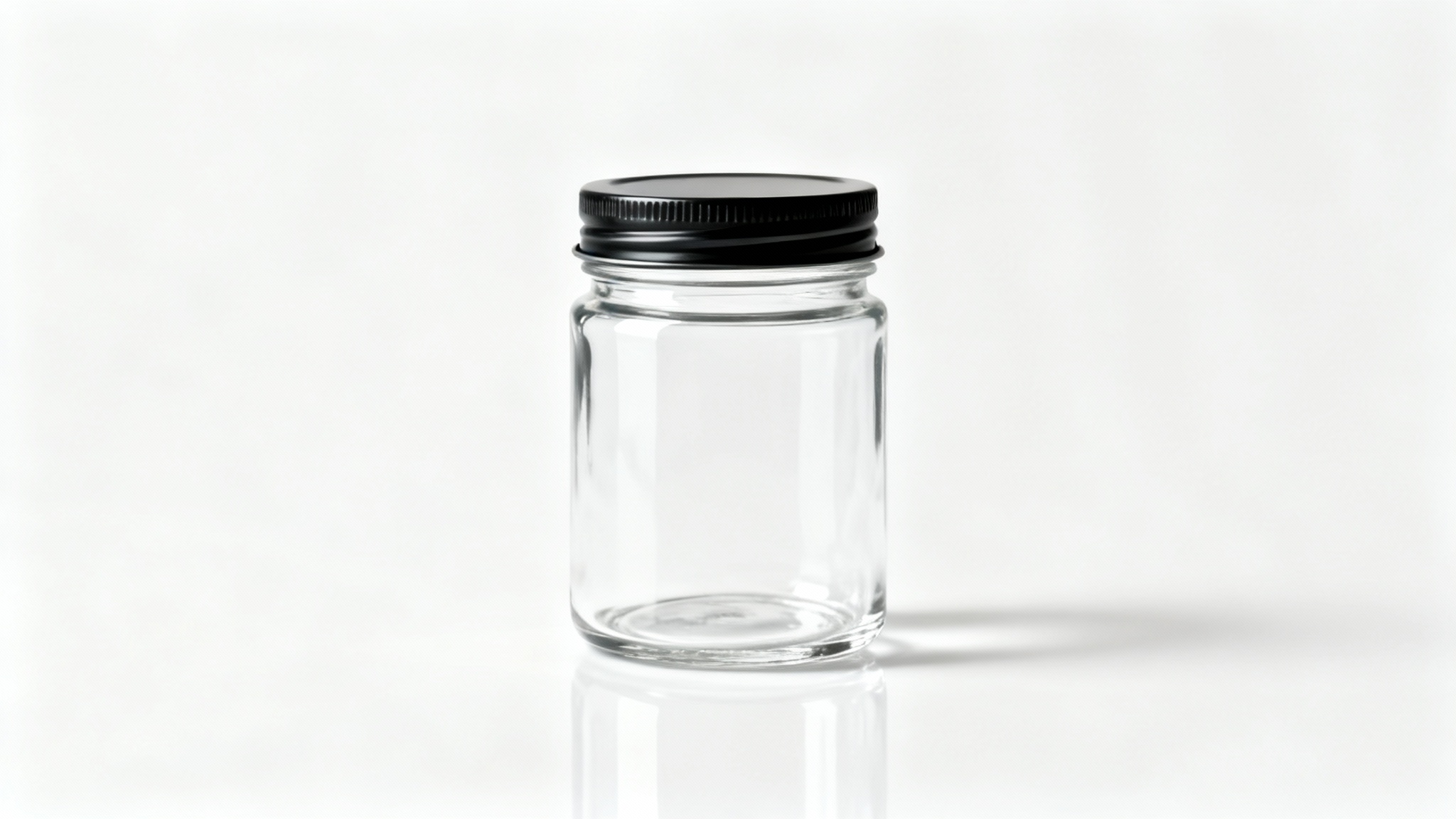 A photorealistic mockup of a clean, empty glass jar with a black lid, set against a plain white background, ready for a product label.