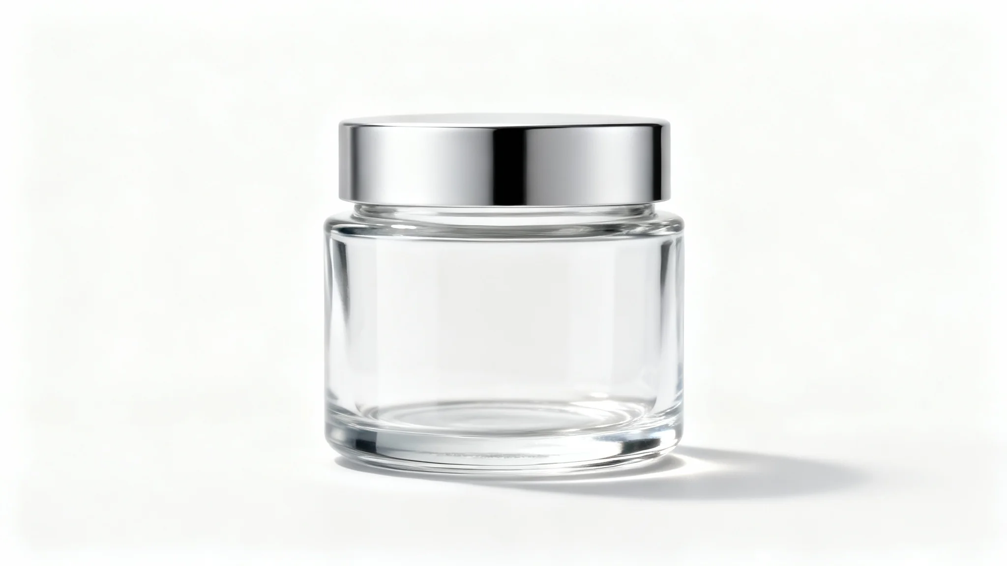 A photorealistic mockup of a single, empty, clear glass jar with a silver lid, isolated on a clean white background.