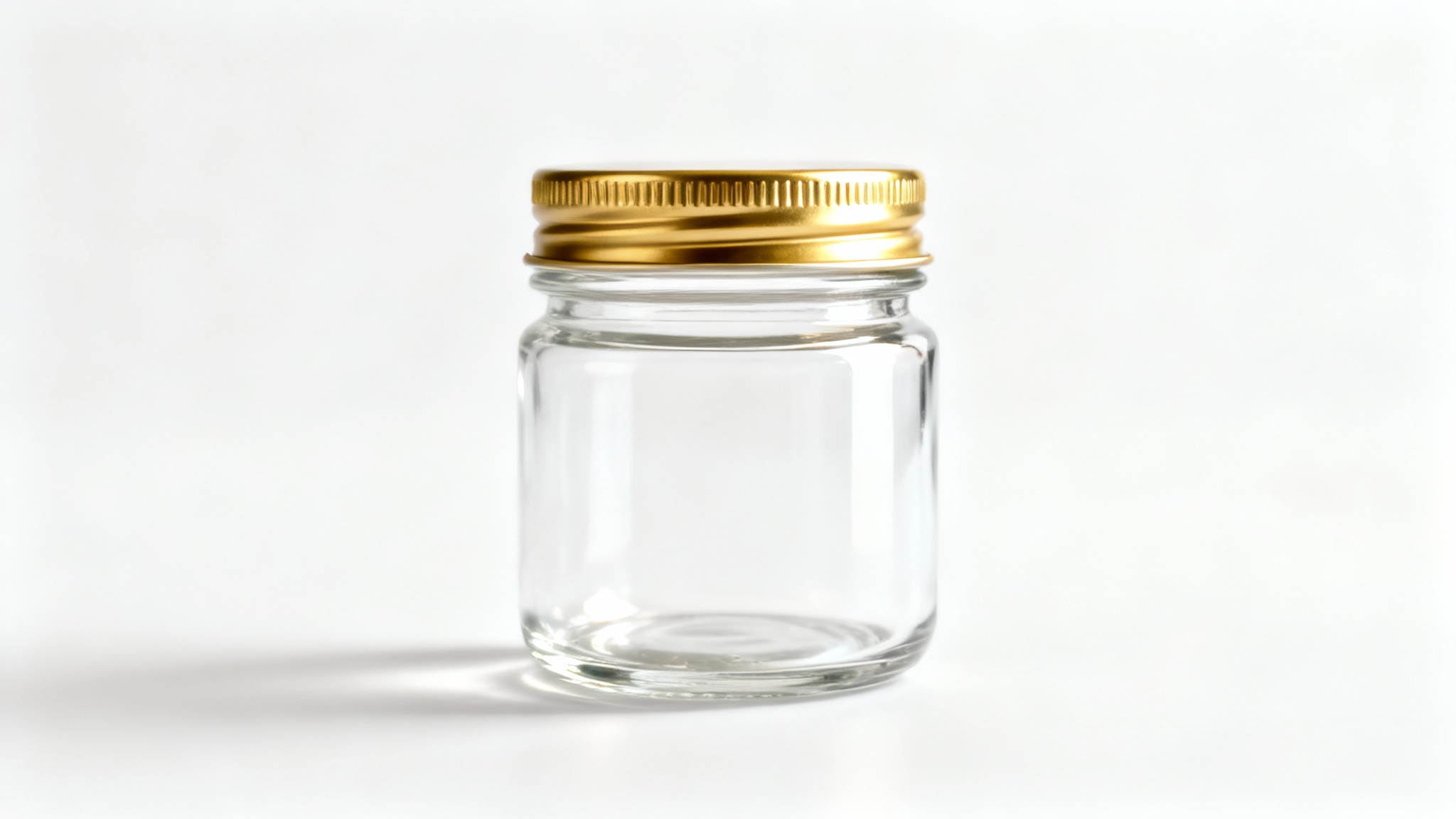 A photorealistic mockup of a clean, empty glass jar with a shiny gold lid, set against a plain white background.