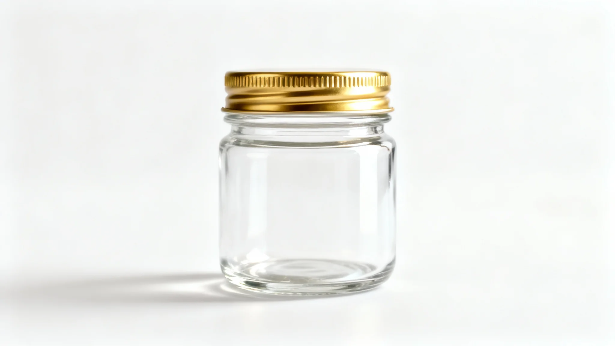 A photorealistic mockup of a clean, empty glass jar with a shiny gold lid, set against a plain white background.