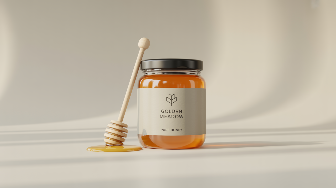 A photorealistic mockup of a clear glass jar filled with golden honey, featuring a white label with the words 'Golden Meadow Pure Honey', set against a plain white background.