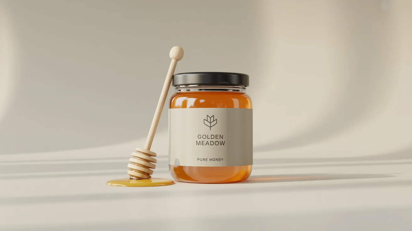 A photorealistic mockup of a clear glass jar filled with golden honey, featuring a white label with the words 'Golden Meadow Pure Honey', set against a plain white background.
