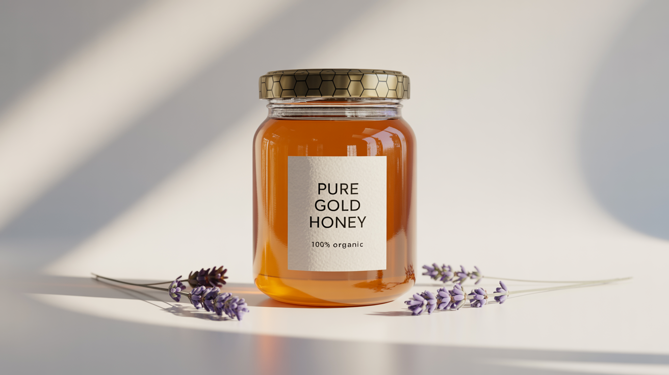 A photorealistic mockup of a glass jar filled with golden honey, featuring a black lid and a white label that reads 'Pure Gold Honey', set against a clean white background.