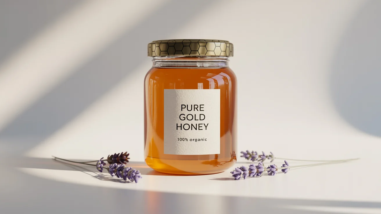 A photorealistic mockup of a glass jar filled with golden honey, featuring a black lid and a white label that reads 'Pure Gold Honey', set against a clean white background.