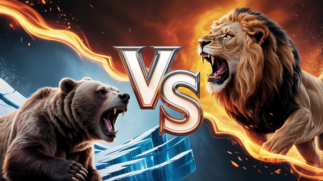 An epic 'battle' graphic showing a lion in a fiery setting versus a bear in an icy setting, with a large silver 'VS' logo in the middle separating the two.