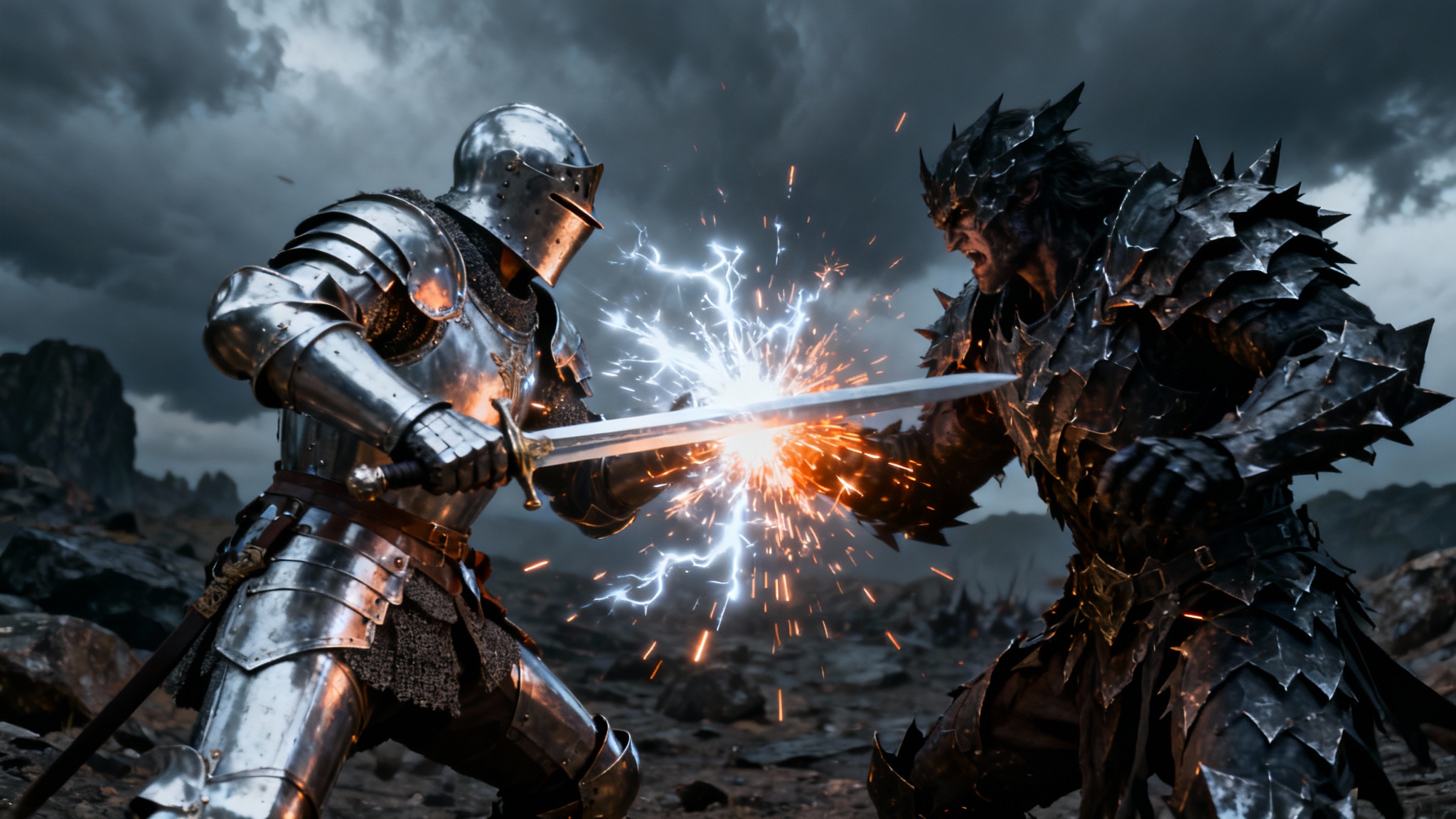 A cinematic and realistic depiction of an epic fantasy battle, with a knight in silver armor and a warrior in dark armor clashing swords, creating a shower of sparks.