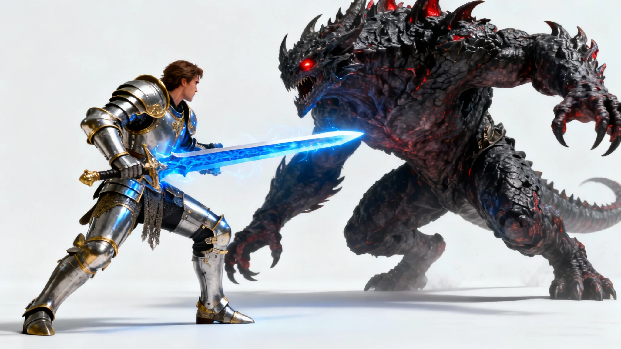 A hyper-realistic concept art image of a fantasy battle, showing a knight in shining armor with a glowing blue sword facing a giant, monstrous beast on a clean white background.