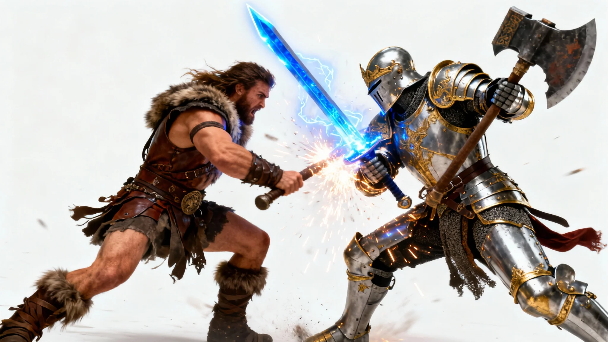 A cinematic depiction of a fantasy battle between a knight with a glowing sword and a barbarian with a battle axe, isolated on a white background.