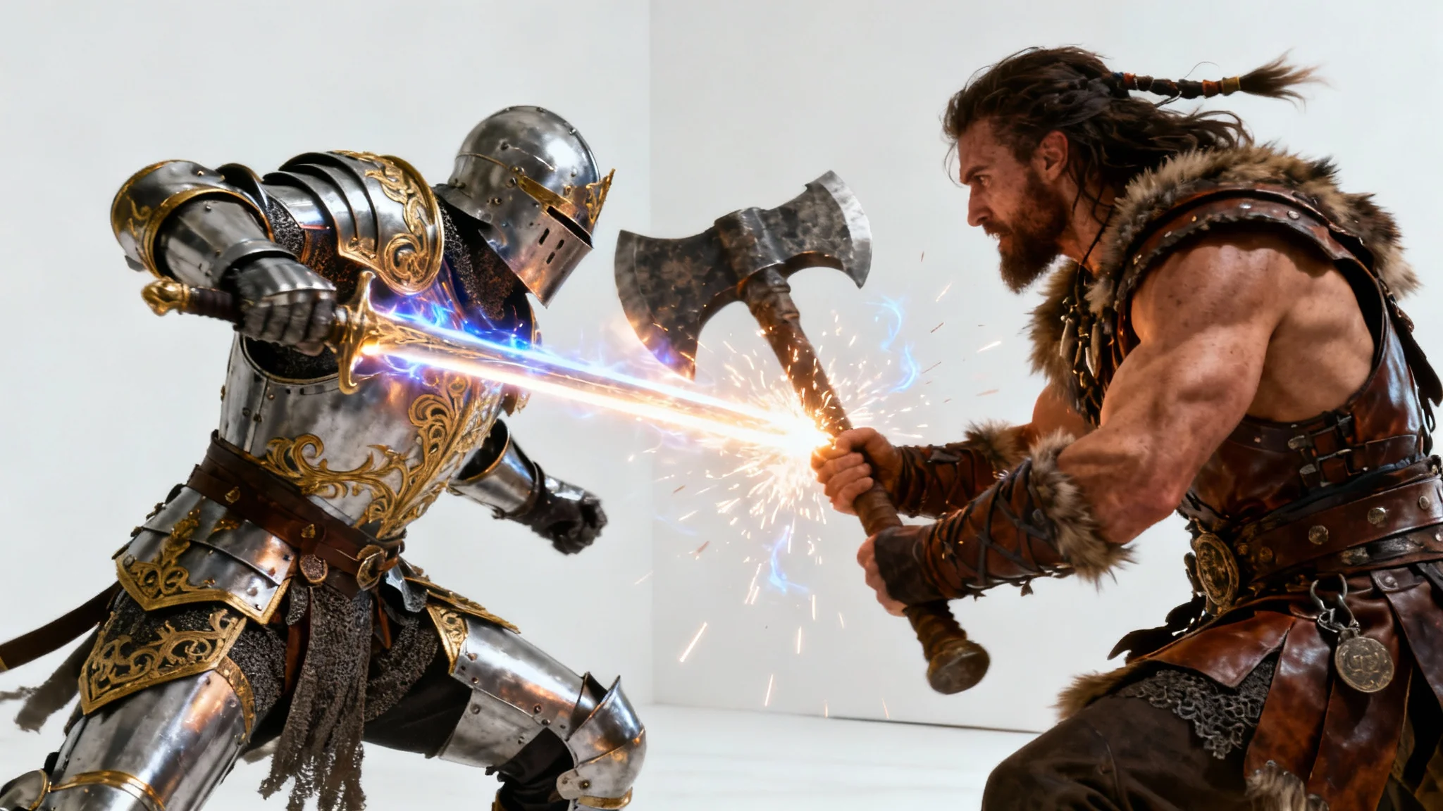 A hyper-realistic mockup of an epic battle, featuring a knight in silver armor clashing swords with a barbarian chieftain, isolated against a plain white background.
