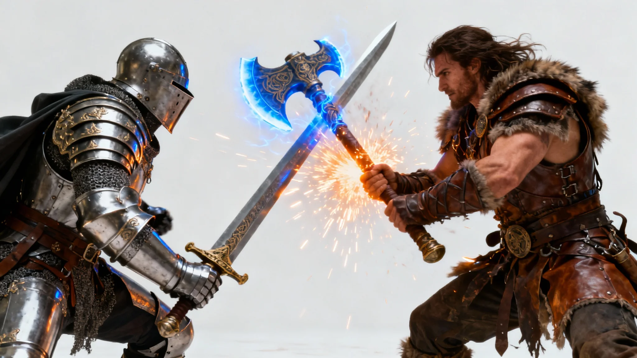 A photorealistic mockup of a battle, featuring a medieval knight in steel armor clashing swords with a fantasy warrior in leather armor, creating sparks against a solid white background.