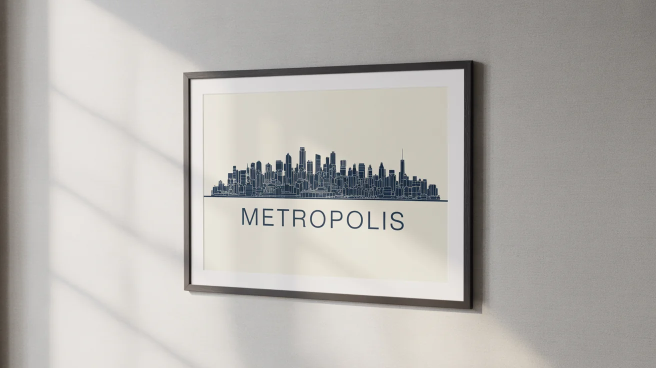 A photorealistic mockup of a framed art print hanging on a gray wall. The print shows a navy blue line drawing of a city skyline with the word 'METROPOLIS' underneath.