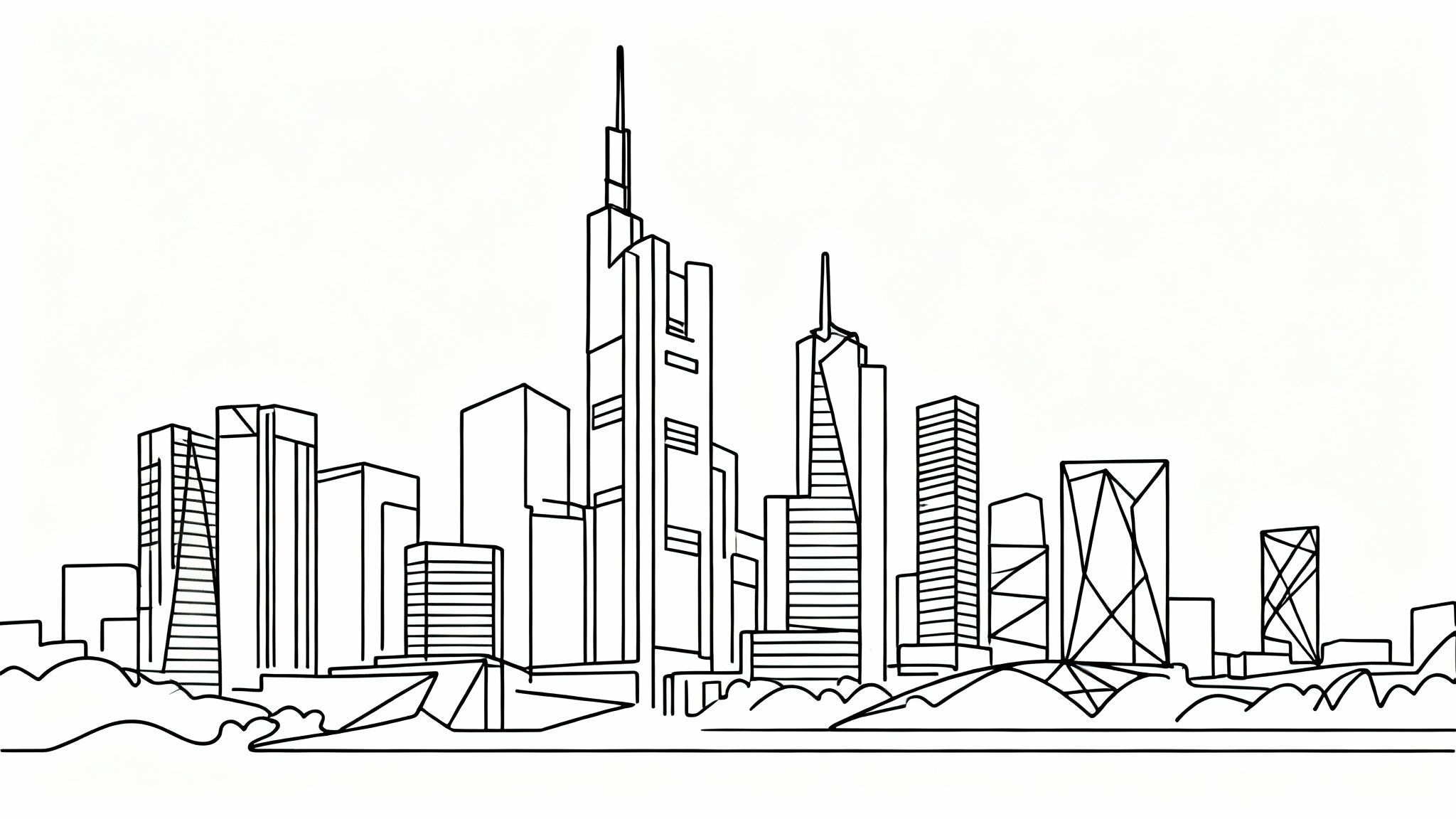 A minimalist black single-line drawing of a generic city skyline on a clean white background, showcasing a modern and elegant artistic style.