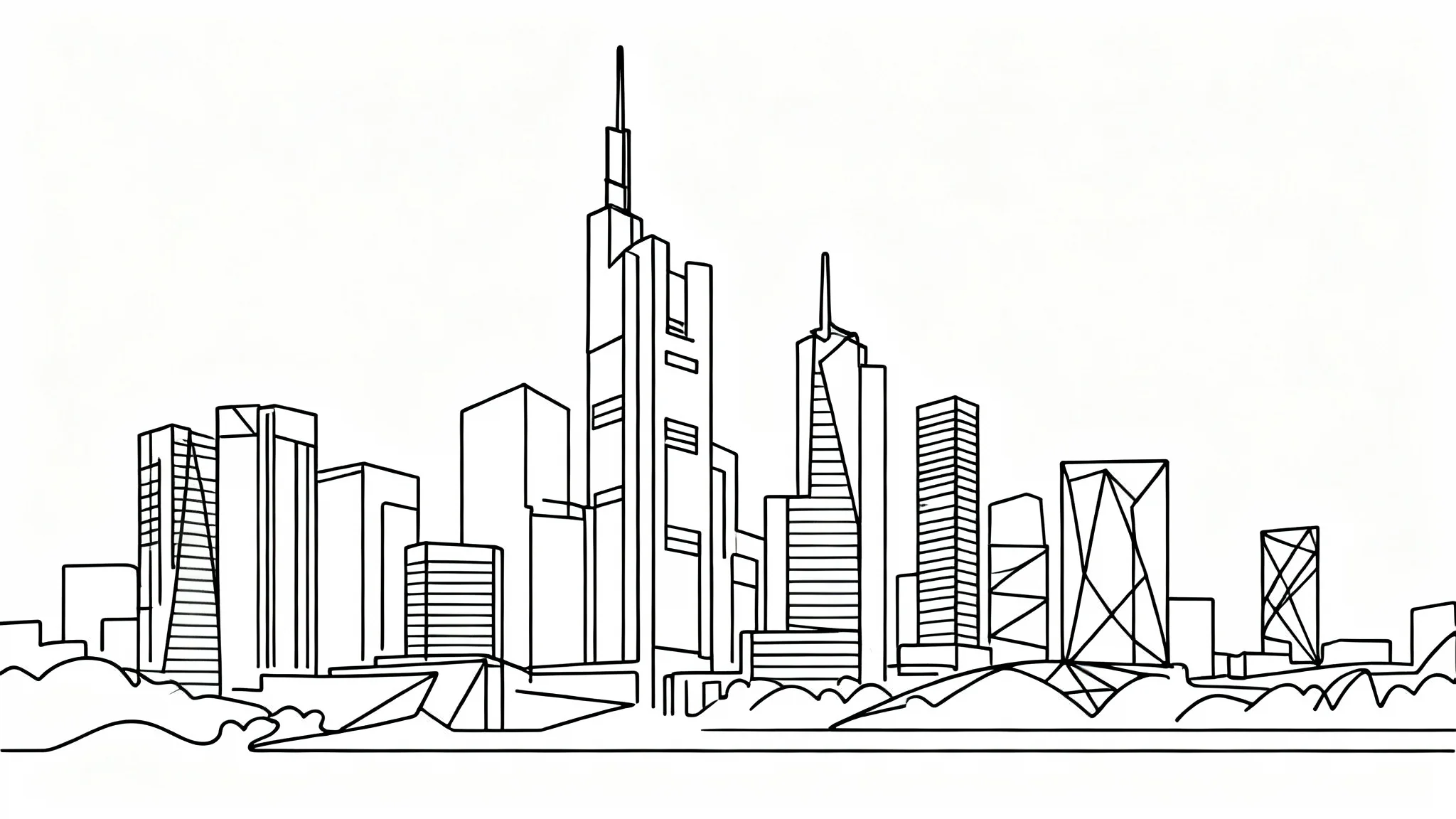 A minimalist black single-line drawing of a generic city skyline on a clean white background, showcasing a modern and elegant artistic style.