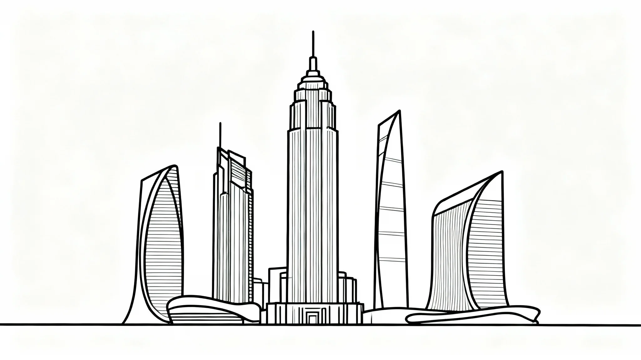 A minimalist single-line drawing of a modern city skyline in black ink on a pure white background, presented as a clean and elegant mockup.