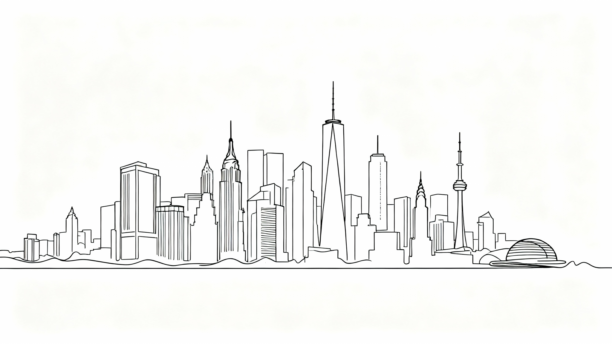 A minimalist black line art drawing of a sprawling city skyline, presented on a stark white background.