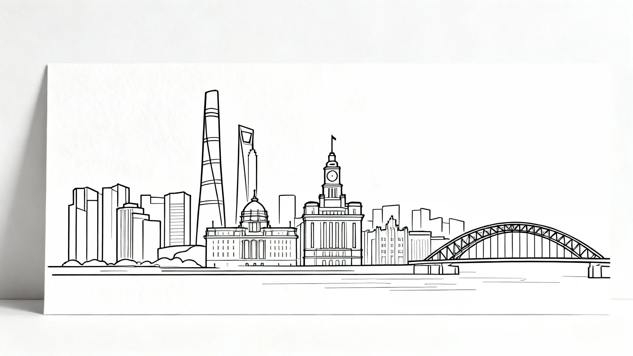 A minimalist black single-line drawing of a modern city skyline, featuring skyscrapers and a bridge, presented as a clean art print on a white background.