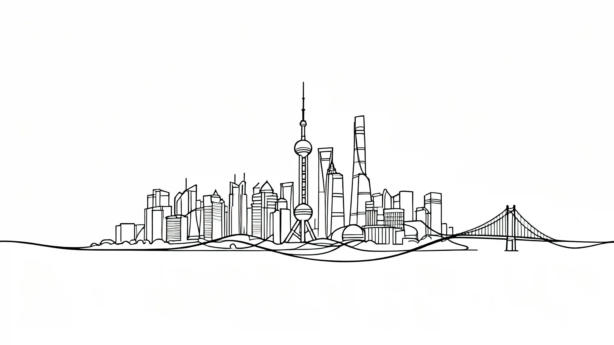 A minimalist single-line art drawing of a modern city skyline in black ink on a solid white background.