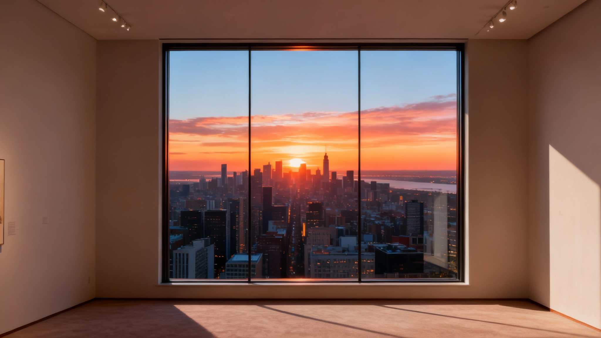 A crystal-clear, photorealistic view of a cityscape at sunset, seen through a large gallery window that has no reflections, showcasing the result of a glass reflection removal tool.
