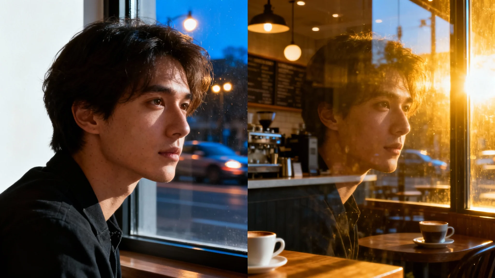 A before-and-after image demonstrating a glass reflection remover. The left half shows a photo marred by glass glare, while the right half shows the same photo perfectly clear and free of reflections.