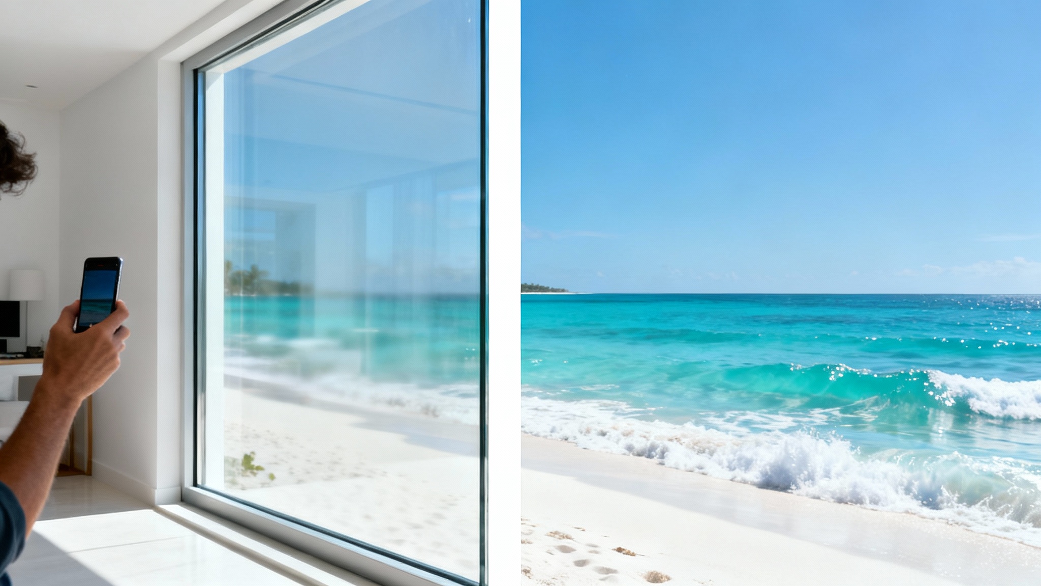A split-screen image demonstrating a glass reflection remover. The left side shows a beach photo taken through a window, obscured by a bright reflection. The right side shows the same photo perfectly clear with the reflection removed, revealing a vibrant beach scene.