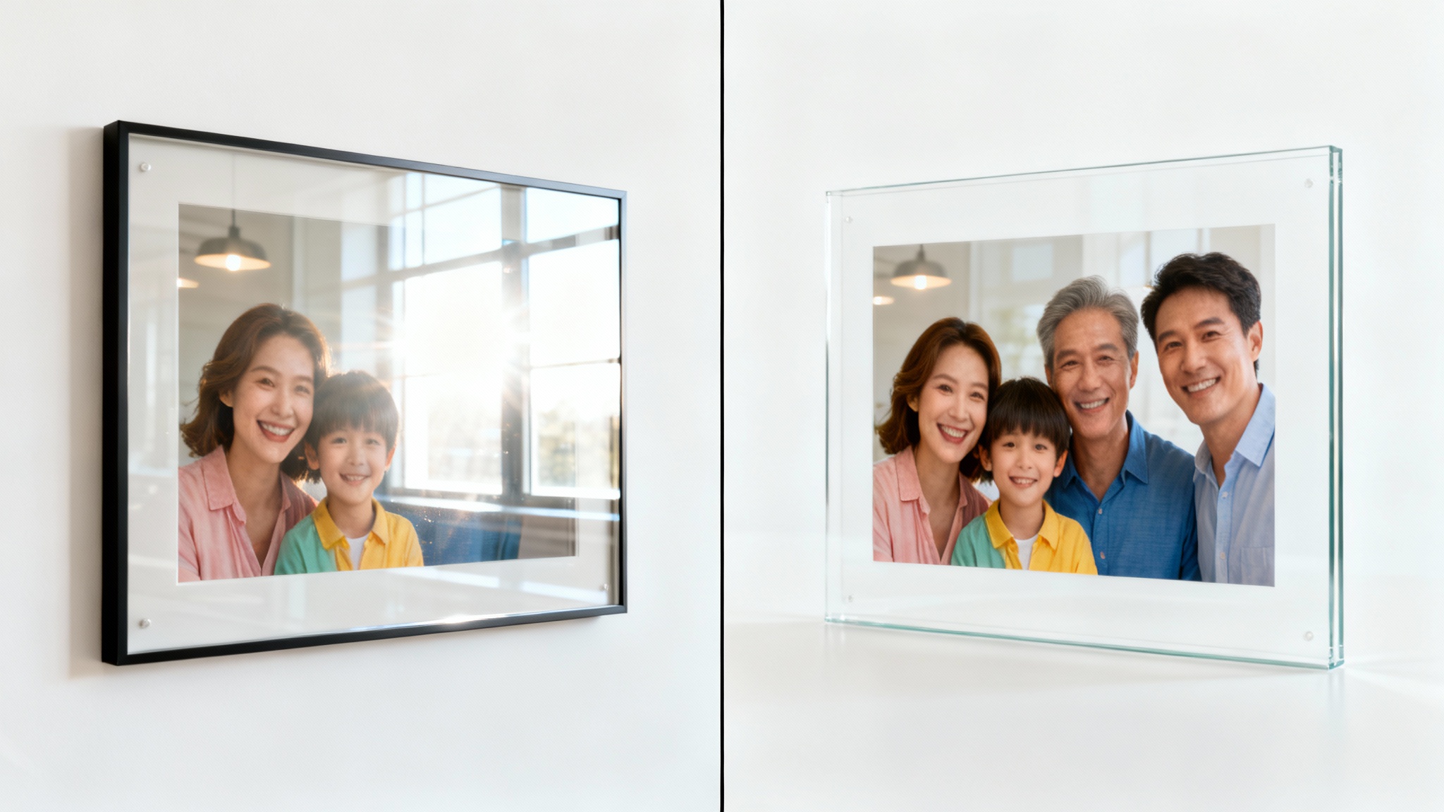 A before-and-after image demonstrating a glass reflection remover. The left side shows a family photo in a frame, obscured by a strong glare on the glass. The right side shows the same photo with the reflection removed, making the image perfectly clear.