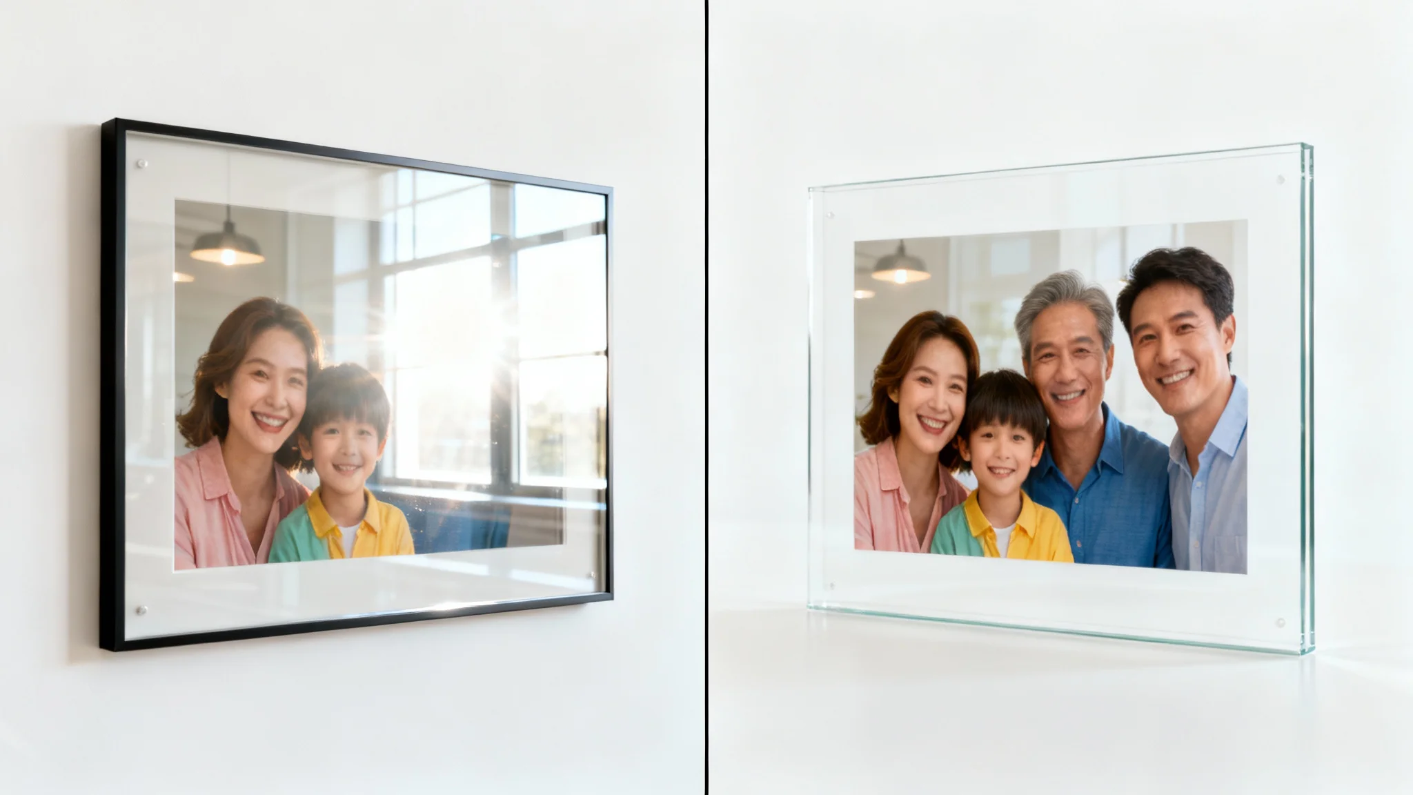 A before-and-after image demonstrating a glass reflection remover. The left side shows a family photo in a frame, obscured by a strong glare on the glass. The right side shows the same photo with the reflection removed, making the image perfectly clear.