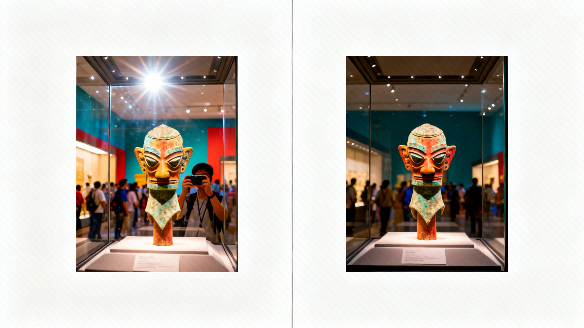 A before-and-after comparison image demonstrating a glass reflection remover. The 'before' side shows a photo of a museum artifact obscured by window glare, while the 'after' side shows the same artifact with a crystal-clear, reflection-free view.