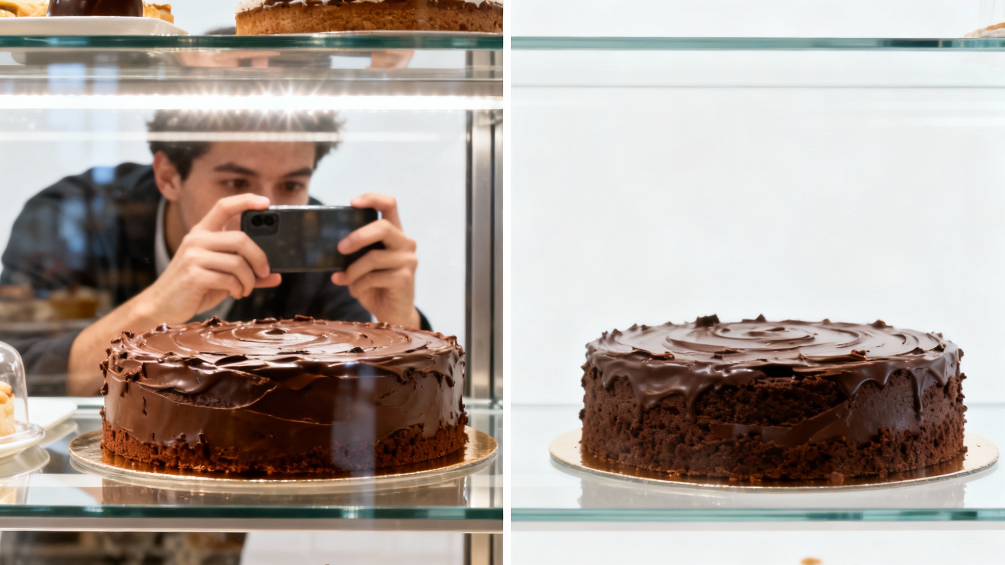 A before-and-after image demonstrating a glass reflection remover. The left side shows a cake behind glass obscured by a strong reflection, while the right side shows the same cake with the reflection completely removed, making it perfectly clear.