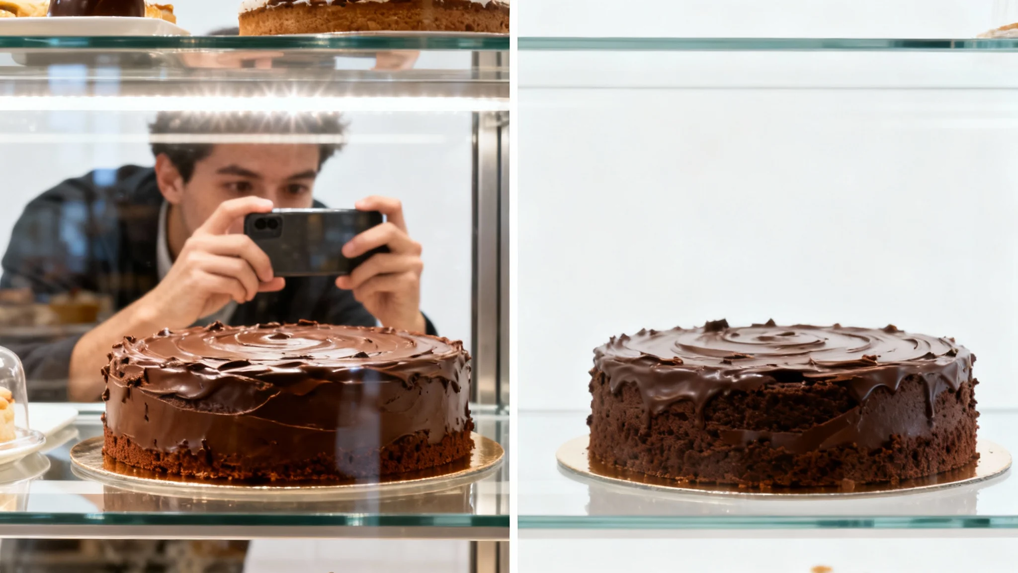 A before-and-after image demonstrating a glass reflection remover. The left side shows a cake behind glass obscured by a strong reflection, while the right side shows the same cake with the reflection completely removed, making it perfectly clear.