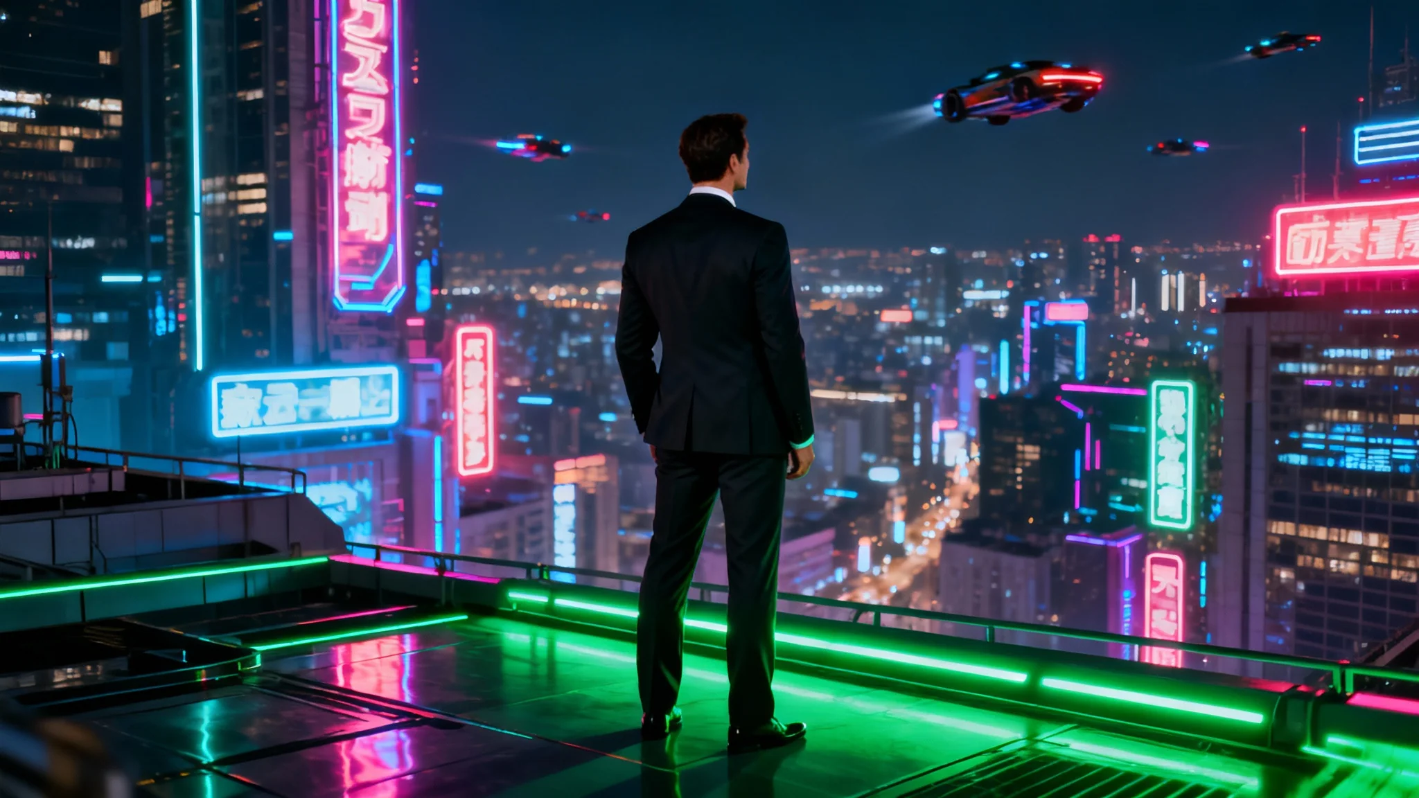 An image demonstrating a chroma key editor, showing a man in a suit perfectly placed on a futuristic city rooftop at night, with neon lights reflecting on him.